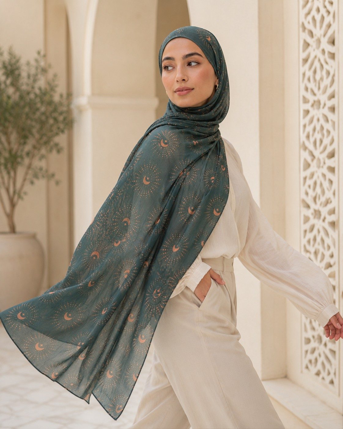 30s print modal crescent moon star hijab wholesale manufacturer China OEM MOQ 100